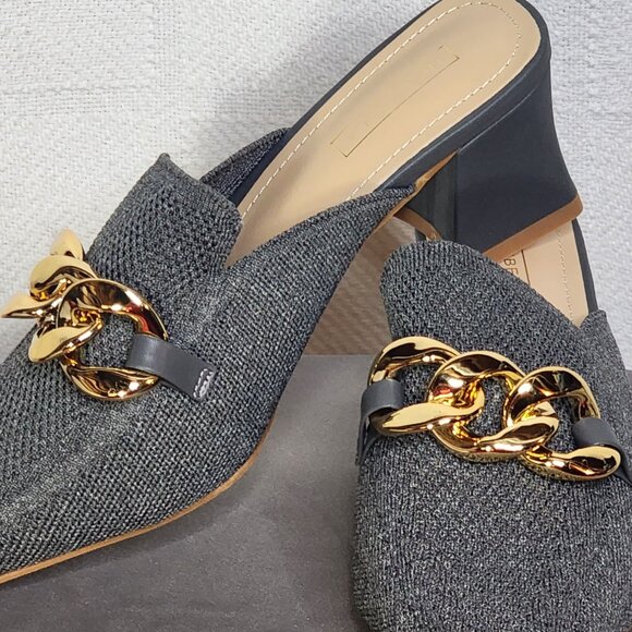 Newbella Grey Mousse Fit Pointed Toe Square Heel Gold Tone Chain Dress Mule 7.5 - Picture 2 of 16